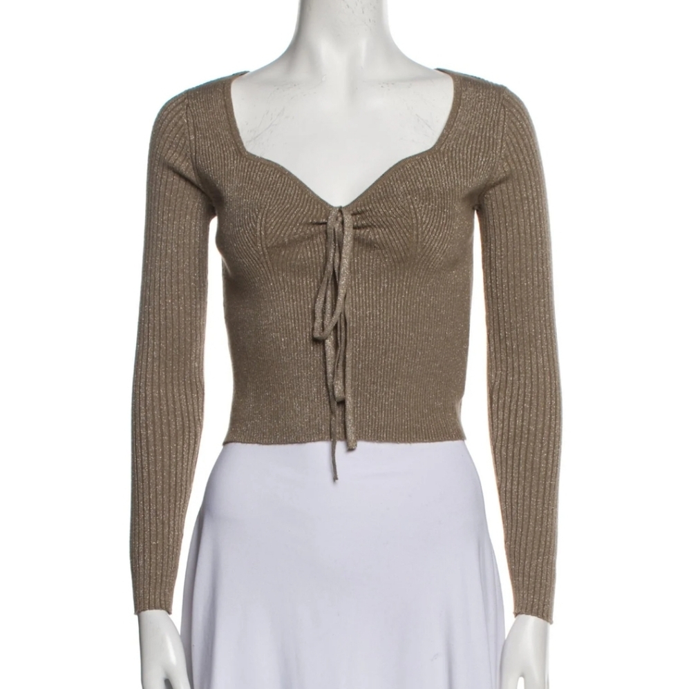 House Of Harlow 1960 Brown Shimmer Ribbed Tie-Front Sweater Size XS